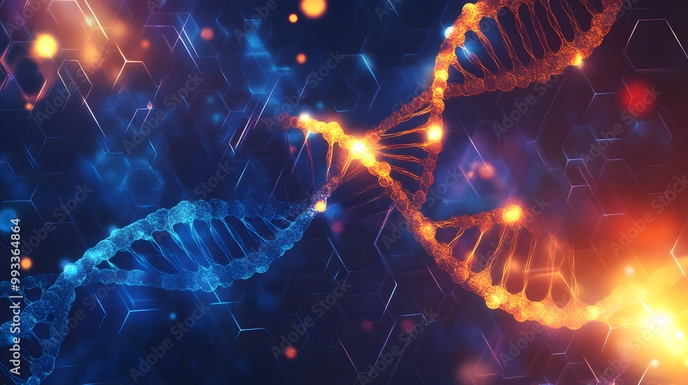 Poster double helix dna strands with glowing hexagon pattern