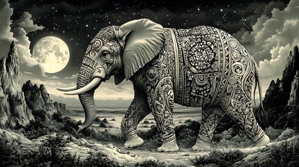 Fototapeta premium A majestic elephant adorned with intricate tribal patterns, walking through the open plains under a starry night sky. The moonlight illuminates its detailed patterns and the surrounding landscape.