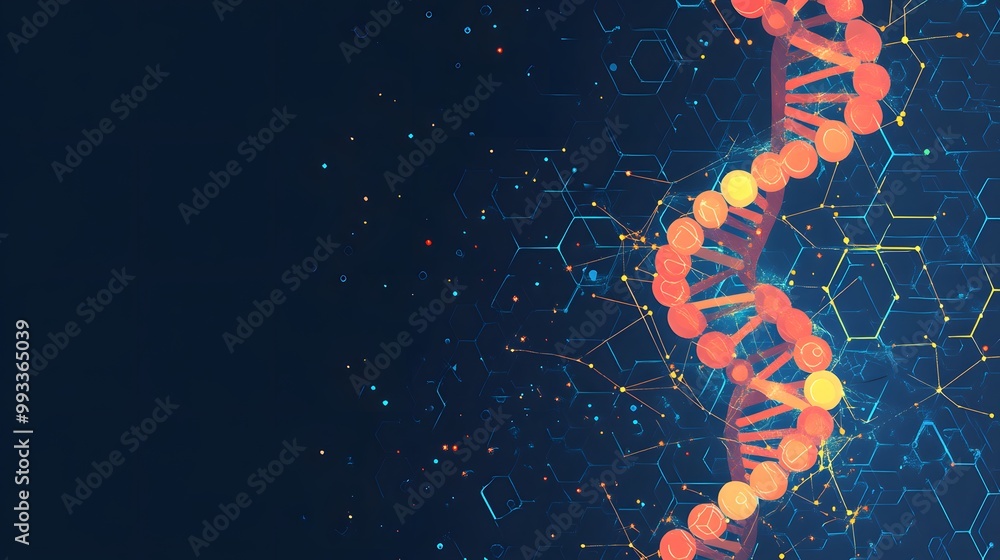 Poster abstract dna structure with hexagon pattern and glowing lines