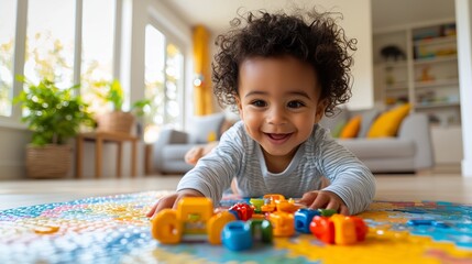Front low angle view of small hispanic kid playing with constructions pieces toys in the living room of home