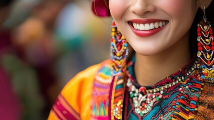 Fototapeta premium Close up of a woman wearing traditional colorful clothing with a bright smile, showing off her beautiful white teeth.