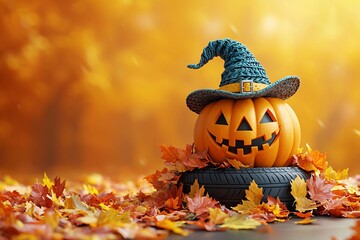 A festive Halloween pumpkin wearing a witch's hat, nestled beside a tire and surrounded by autumn leaves, perfect for Thanksgiving and Halloween-themed designs.