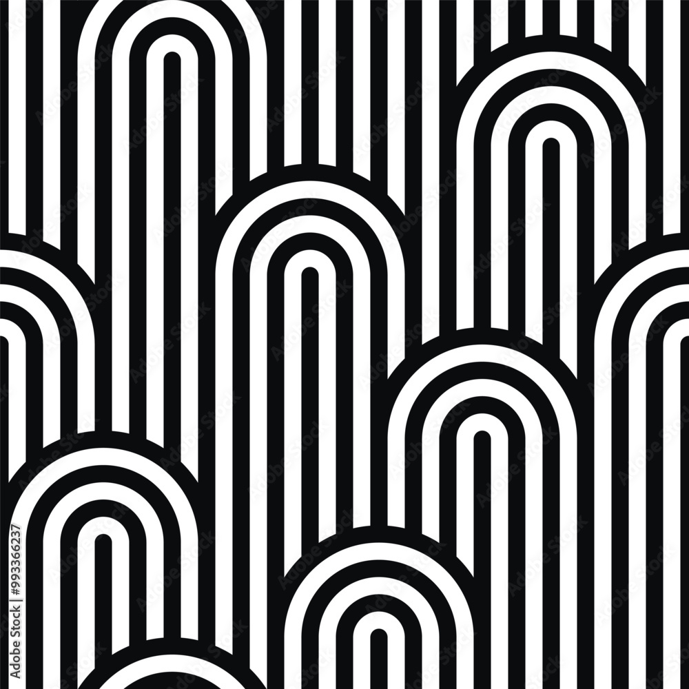Poster Modern abstract shapes monochrome seamless linear pattern with arches. Geometric textured. Scandinavian graphic print. Japanese, Chinese illustration for tile, wallpaper, carpet, rug. Retro design.
