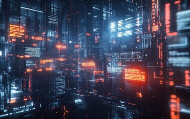 Futuristic Cityscape with Red and Blue Neon Lights, Abstract Digital Art, Sci-Fi City Background.