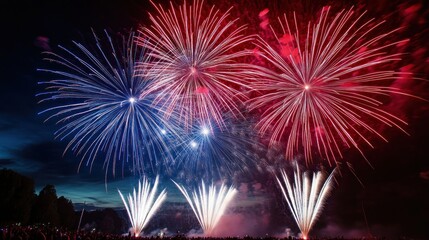 A dazzling display of fireworks explodes over a crowd, illuminating the night sky with vibrant red, blue, and white colors.