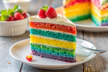 Rainbow Cake Slice with Vibrant Layers and Creamy Frosting