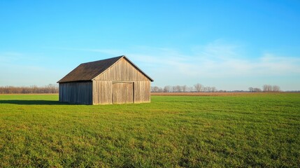 Fototapeta premium Farm shed with green pastures and blue sky, no animals, ample room for text in the open space