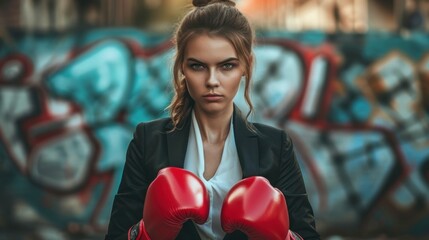 A woman dressed in a formal suit is donning red boxing gloves