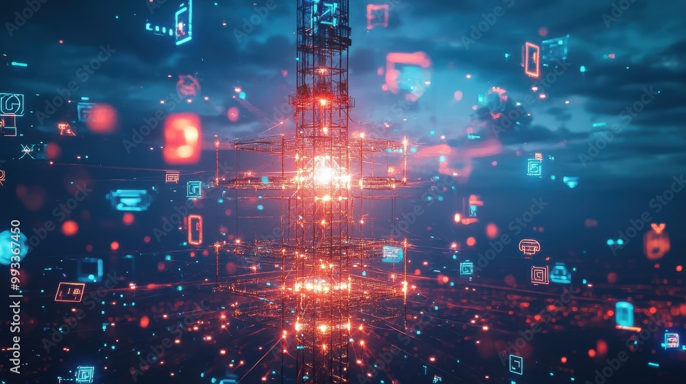 Poster futuristic abstract technology network with red and blue lights - abstract data center digital backg