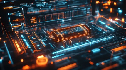 Obraz premium Futuristic Circuit Board with Glowing Orange and Blue Lines and a Cylinder Shaped Object