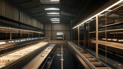 A modern and sleek interior design of an egg processing facility, showcasing rows of eggs in individual containers along a conveyor belt system, with a reflective floor and minimalist lighting.