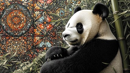 Fototapeta premium A panda leaning against bamboo, surrounded by floating geometric shapes in vibrant colors. The shapes reflect light and create dynamic patterns around the serene,