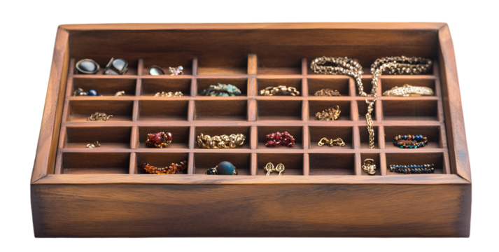 a wooden jewelry box with multiple compartments. The box is rectangular in shape and has a dark brown finish. The compartments are arranged in a grid-like pattern, with each compartment containing a d
