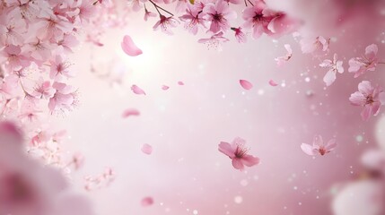 Delicate Pink Cherry Blossoms Falling on a Soft Pink Background.
