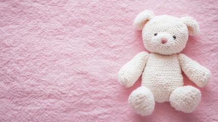 Fototapeta premium White crocheted bear on textured pink background