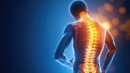 Digital illustration of human spine highlighting vertebral column in glowing effect
