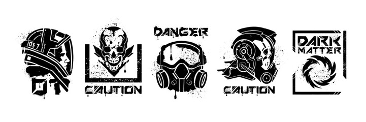 Space futuristic print set, vector biohazard sign, danger radiation protection gas mask logo, skull. Astronaut helmet print, sci-fi alien toxic caution badge, streetwear techno kit. Futuristic print