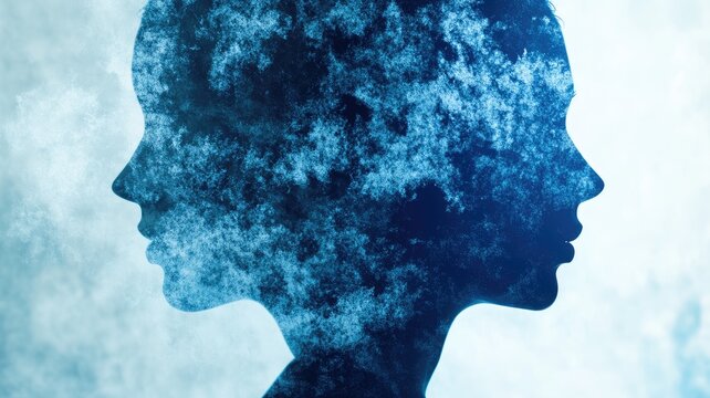 Silhouette of dual-profile faces in abstract blue texture