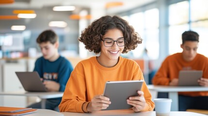 Teen Students Using Tablets in Modern Classroom for Study and Collaboration