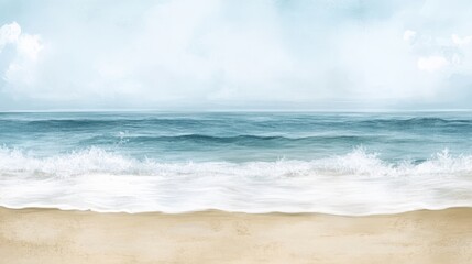 Abstract Watercolor Seascape with Blue Ocean, White Waves, and Sandy Beach.