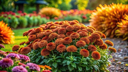 A stock photo of a Microbiota decussata small bush with brown flowers framed by a beautiful flower bed, small bush, brown flowers, flower bed,Microbiota decussata