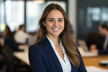 Fototapeta premium A woman in a navy suit smiles at the camera. Blurred office background