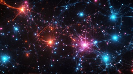 Obraz premium Abstract Network Background with Glowing Nodes and Lines in Blue, Pink, and Orange Colors.
