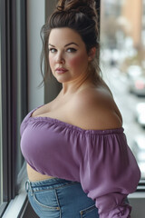 Fototapeta premium Confident plus-size woman in a purple top standing by a window