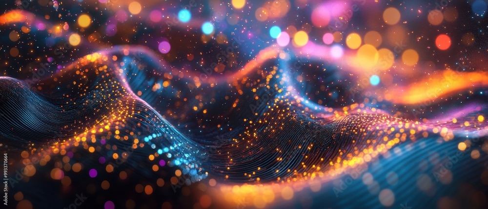 Poster abstract wavy background with glittering lights and bokeh effect - 3d rendering.