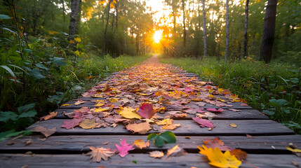 Autumn Leaves on Forest Path at Sunrise