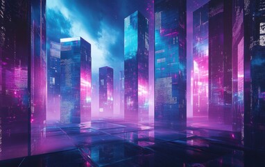 Futuristic Cityscape with Neon Lights and Reflective Surfaces - Cyberpunk 3D Rendering.