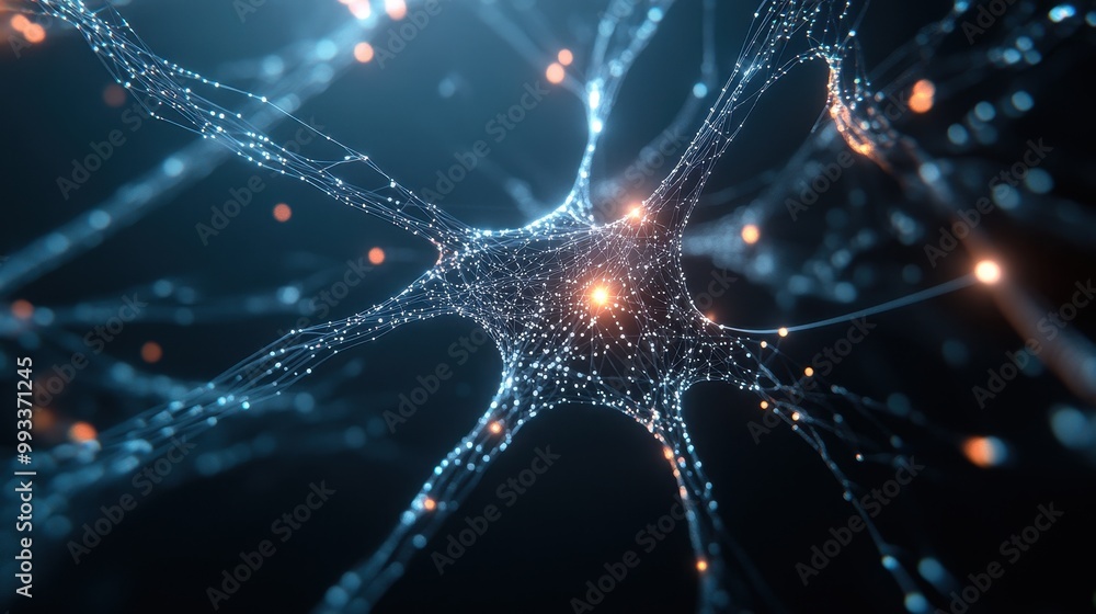Poster abstract neuron network connection with glowing nodes.