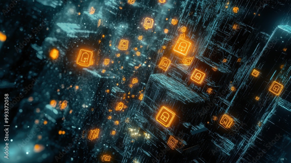 Poster abstract 3d digital background with glowing padlock icons - cyber security, data protection and priv