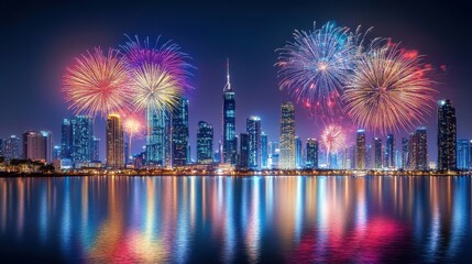 Stunning Fireworks Display Over Modern Skyscrapers and Reflecting on Water at Night