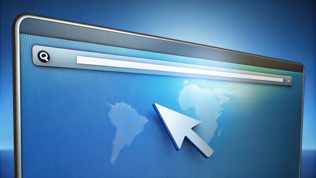A modern computer screen displaying a web browser with an arrow-shaped icon in the address bar, indicating a connection to the internet.