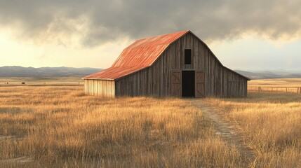 Obraz premium Simple farm scene with old wooden barn, no animals in sight, room for text in the foreground