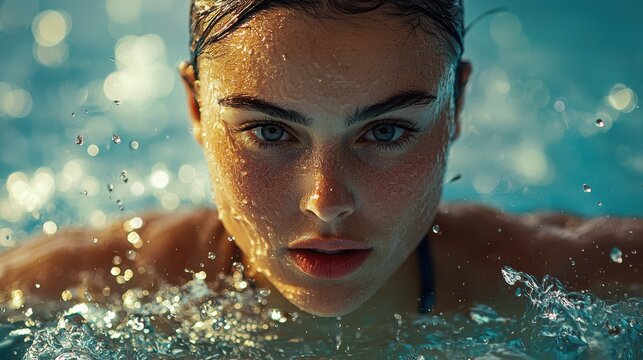 Focused female swimmer emerging from water with determination and strength in a close-up portrait highlighting her intense gaze and competitive spirit