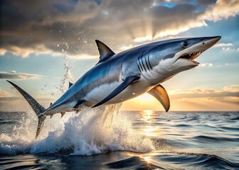 A powerful and agile shortfin mako shark breaches the ocean's surface, its sleek gray body glistening with seawater as it leaps into the bright sunlight.