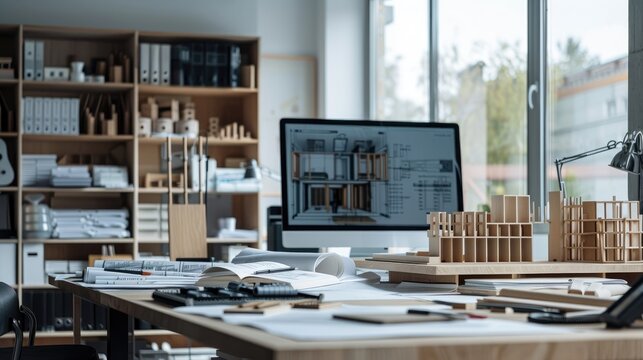 A well-equipped and organized architecture firm office with blueprints and models