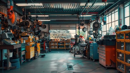 A well-equipped and organized auto repair shop with skilled mechanics and satisfied customers