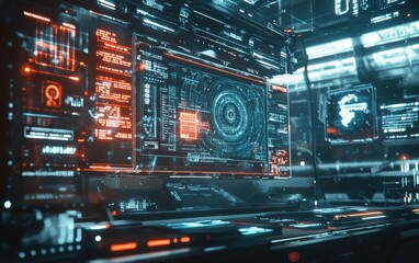 Obraz premium Futuristic Interface with Glowing Red and Blue Lines - Cyberpunk Digital Art.