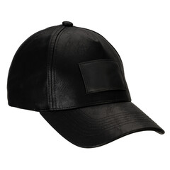 Angled Side View of Black Leather Cap with Patch