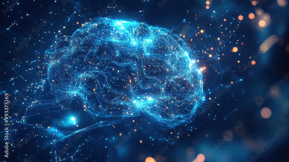 Poster abstract digital brain concept with glowing lines and particles.