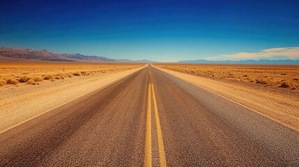 Fototapeta premium Straight empty road through barren desert, plenty of room for copy in the sand and sky surrounding the road