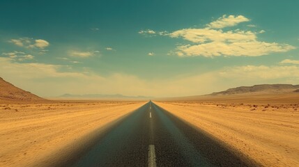 Naklejka premium Straight empty road through barren desert, plenty of room for copy in the sand and sky surrounding the road