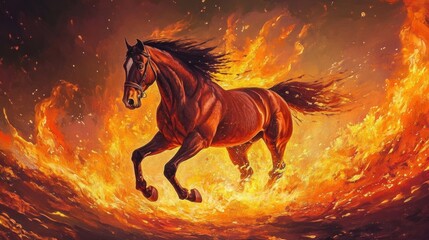 A fiery horse gallops through a sea of flames, its mane and tail flowing in the wind, a powerful and majestic image of nature's untamed beauty.