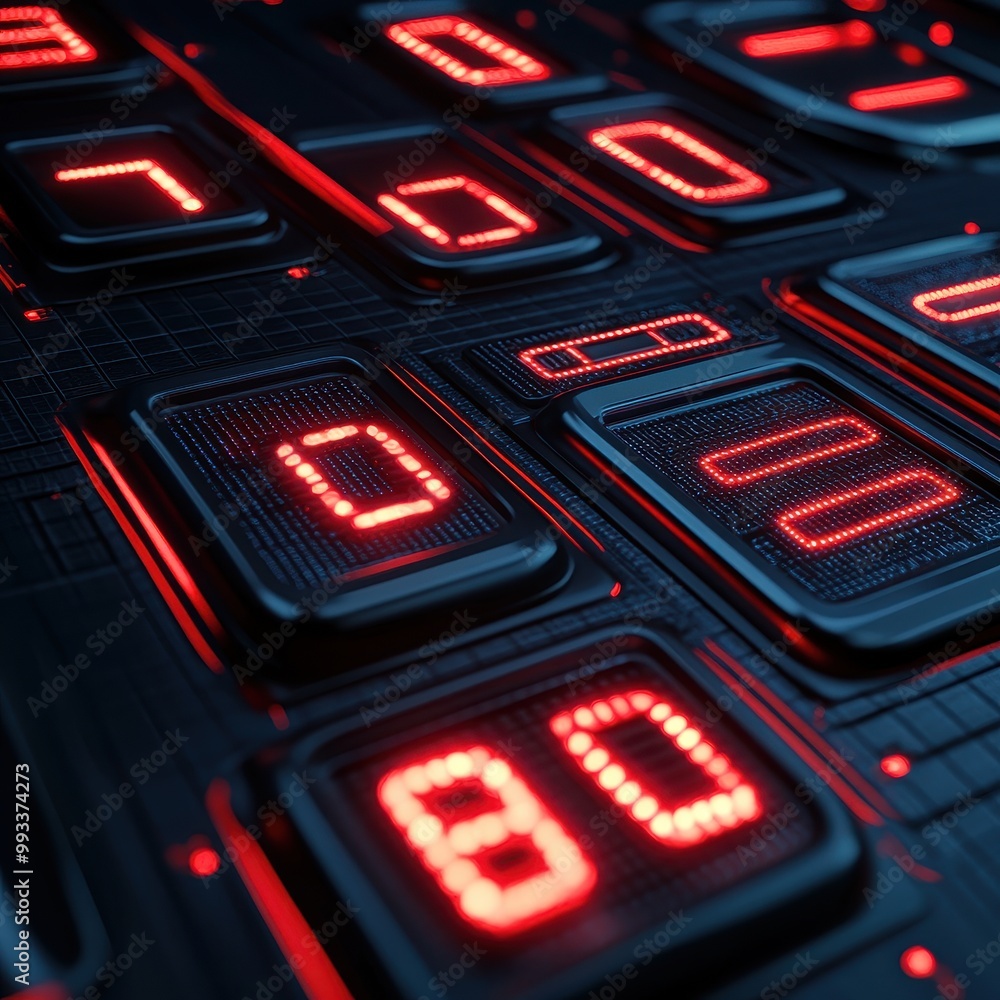 Poster abstract red led digits on a futuristic circuit board background.