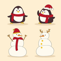 Hand-Drawn Christmas Holiday, New year illustration. snowman, Penguin character.