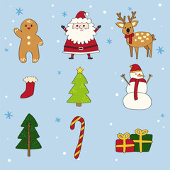 Hand-Drawn Christmas Holiday, New year illustration.Santa, snowman, gingerbread cookie, deer character.