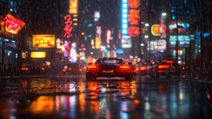 Obraz premium A lone car drives through a rainy city at night with neon signs reflecting in the puddles.